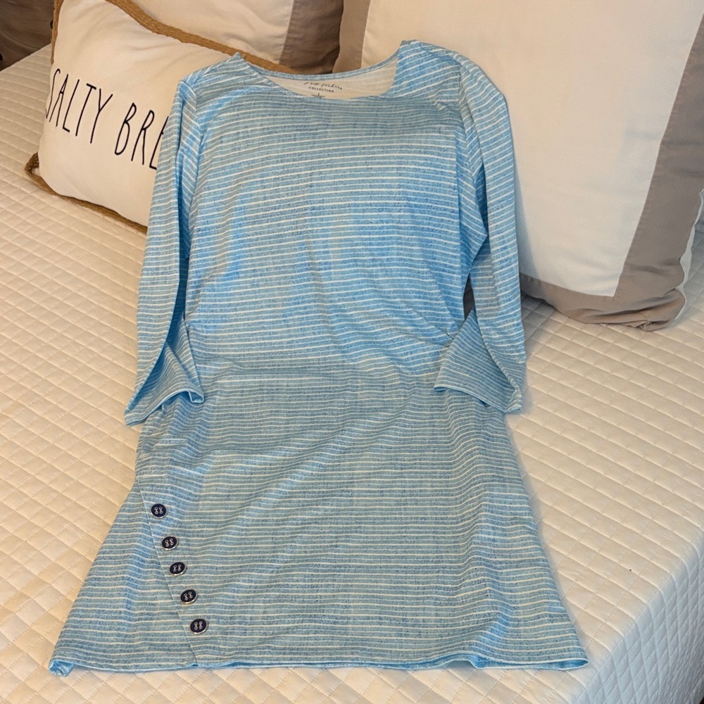 Light Blue Striped Long-Sleeve Dress with Side Button Detail with pockets